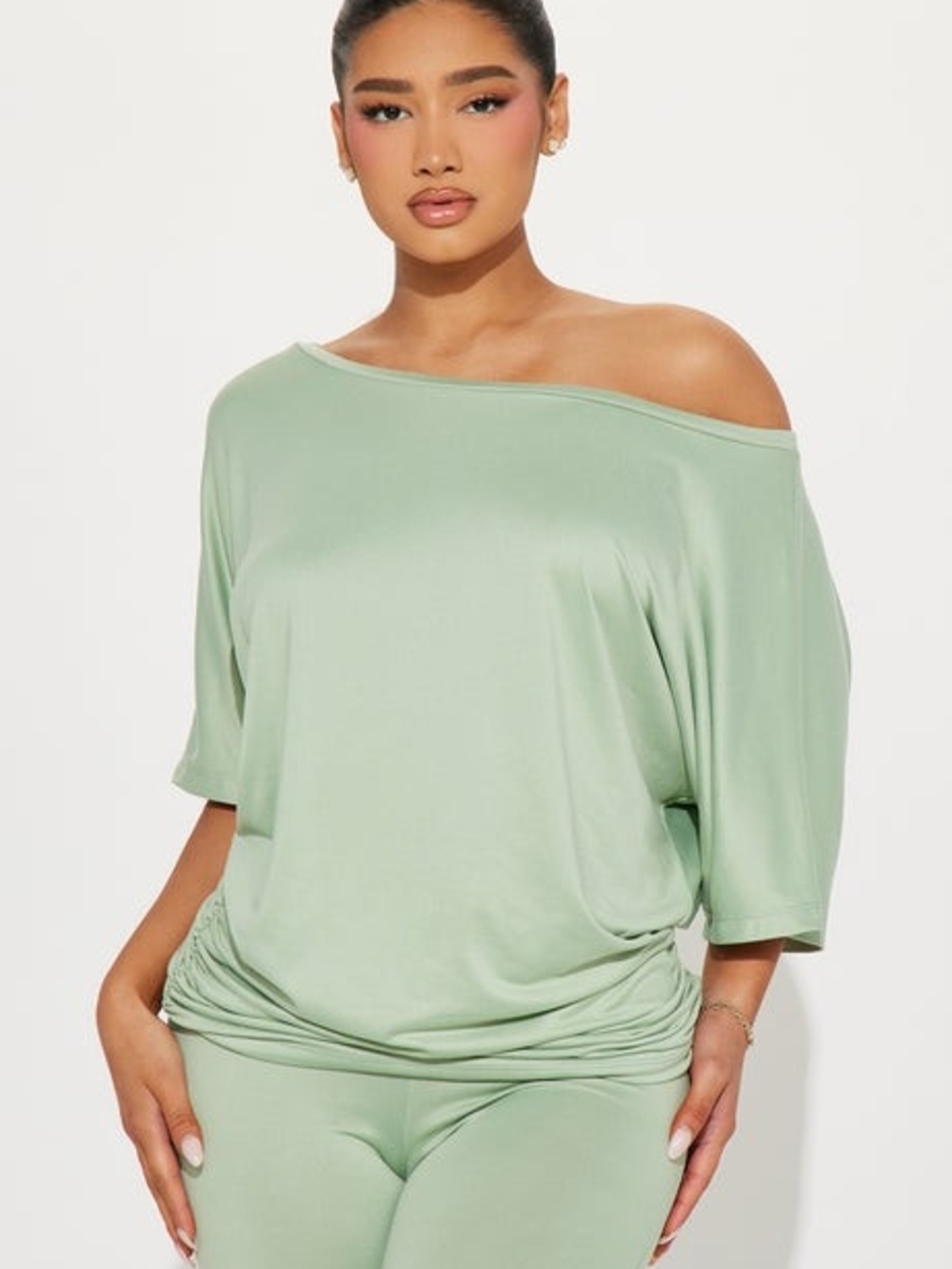 Fashion Nova Sage Green Off-Shoulder Lounge Set